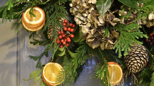 Close-up of a Christmas wreath.